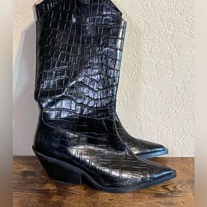 & Other Stories - Black Croc Embossed Leather Cowboy Boots Sz 7